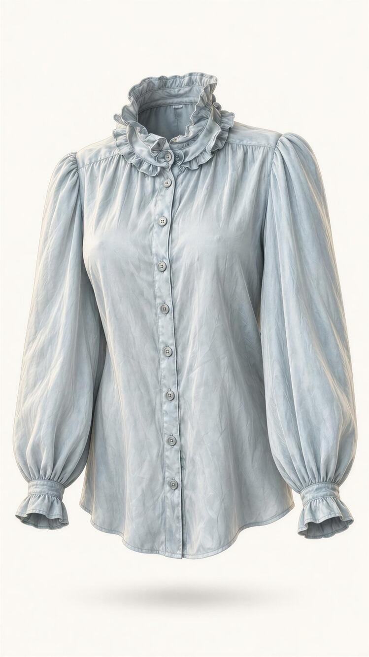 Zadig & Voltaire Blouse Womens Large Light Blue Ruffle Neck Puff Sleeve